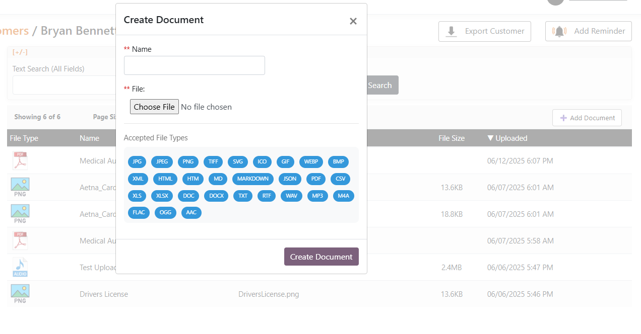 SecureCare® screenshot of documents