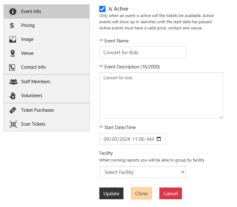 SecureCare® screenshot of the event manager