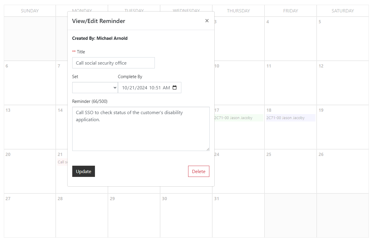 SecureCare® screenshot of a reminder