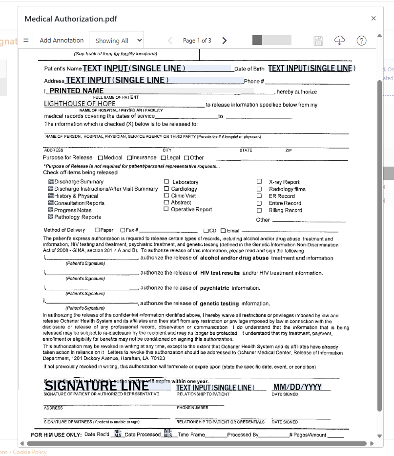 SecureCare® screenshot of signature documents