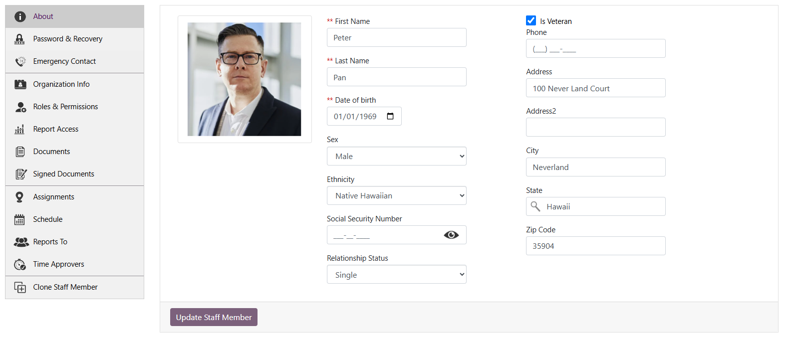 SecureCare® screenshot of staff members